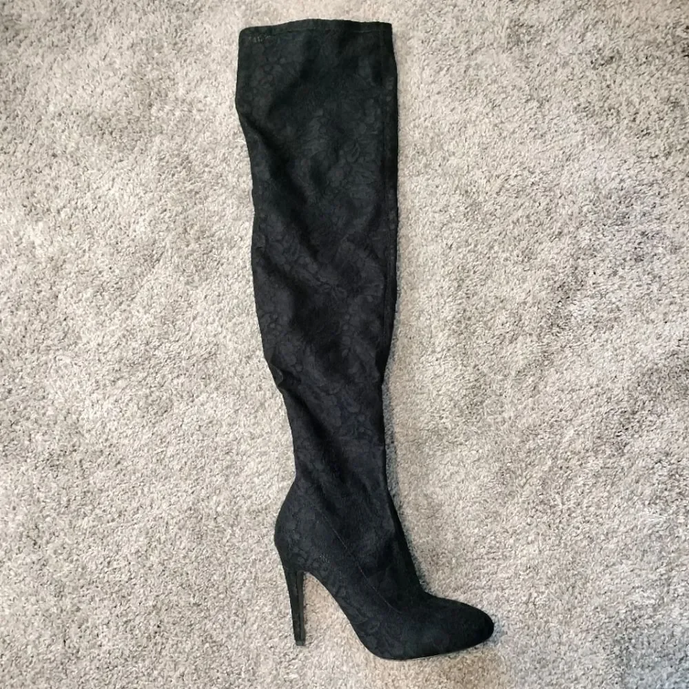 Call of Spring Astilama Lace Black Over-the-Knee Stiletto Heel Boots Sz 9 NWOT